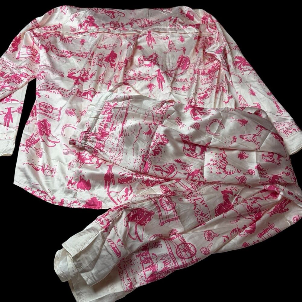 Women's Pink White Rodeo Cowgirl Satin Pajama Set Button-Down & Pants Size M